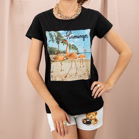 Black Women's Flamingo Print T-Shirt - Clothing