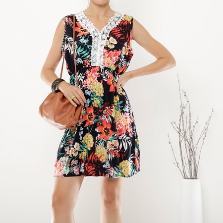 Black women's short dress with blue flowers - Clothing