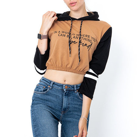 Brown women's crop-top sweatshirt with a hood and inscriptions - Clothing