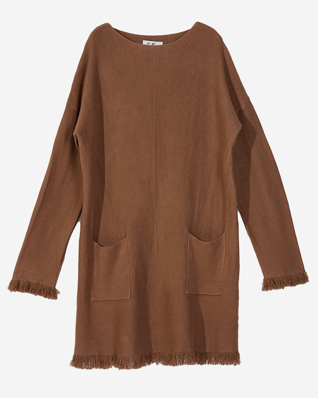Brown women's sweater tunic with fringes - Clothing
