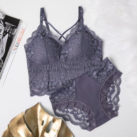 Gray - purple women's lingerie set with lace - Underwear