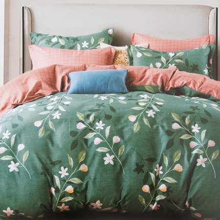 Green cotton bedding 200x220 in flowers set of 4-PART - Bedding