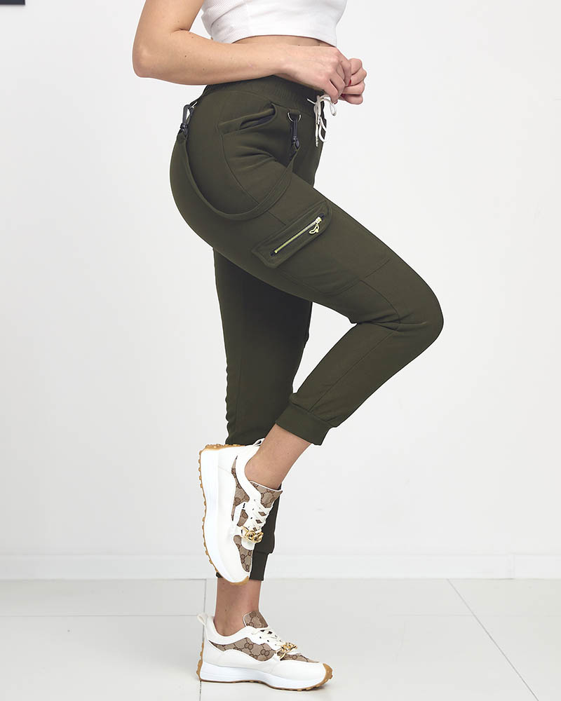 Insulated dark green women's cargo pants with decorations - Clothing