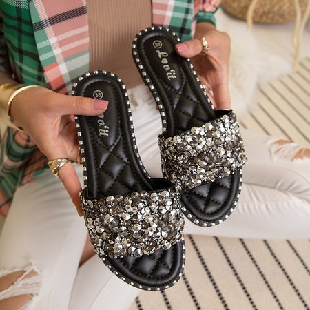 Ladies' black quilted slippers with Dikara decorations - Footwear