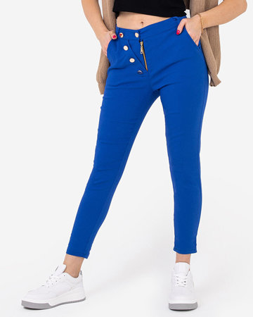 Ladies' cobalt fabric pants with decorative buttons - Clothing