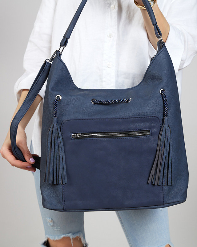 Ladies' navy blue shopper bag with drawstrings - Accessories
