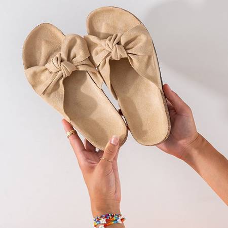 Light brown eco-suede slippers with a Sun and Fun bow - Footwear