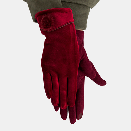 Maroon velor women's gloves with a pompom - Accessories