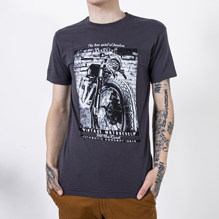 Men's dark gray cotton t-shirt with print - Clothes