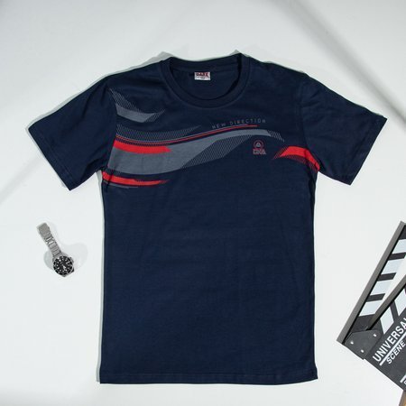 Navy blue men's cotton t-shirt with a print - Clothing