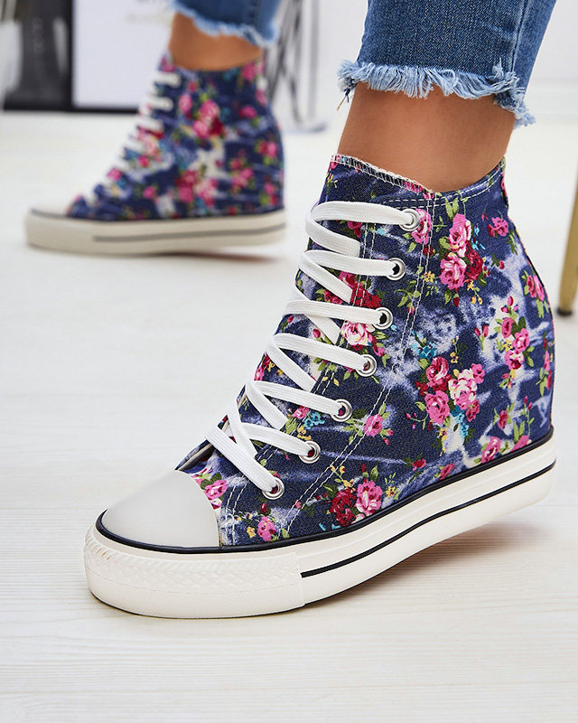 Navy blue women's sneakers on covered heel with floral print Kescevi- Footwear