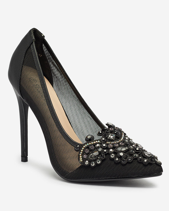 OUTLET Black women's stiletto pumps with mesh and zircons Heiflo- Footwear