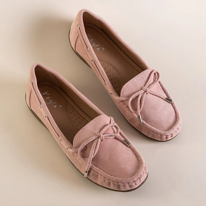 OUTLET Light pink women's eco-suede loafers with a bow Inda - Shoes