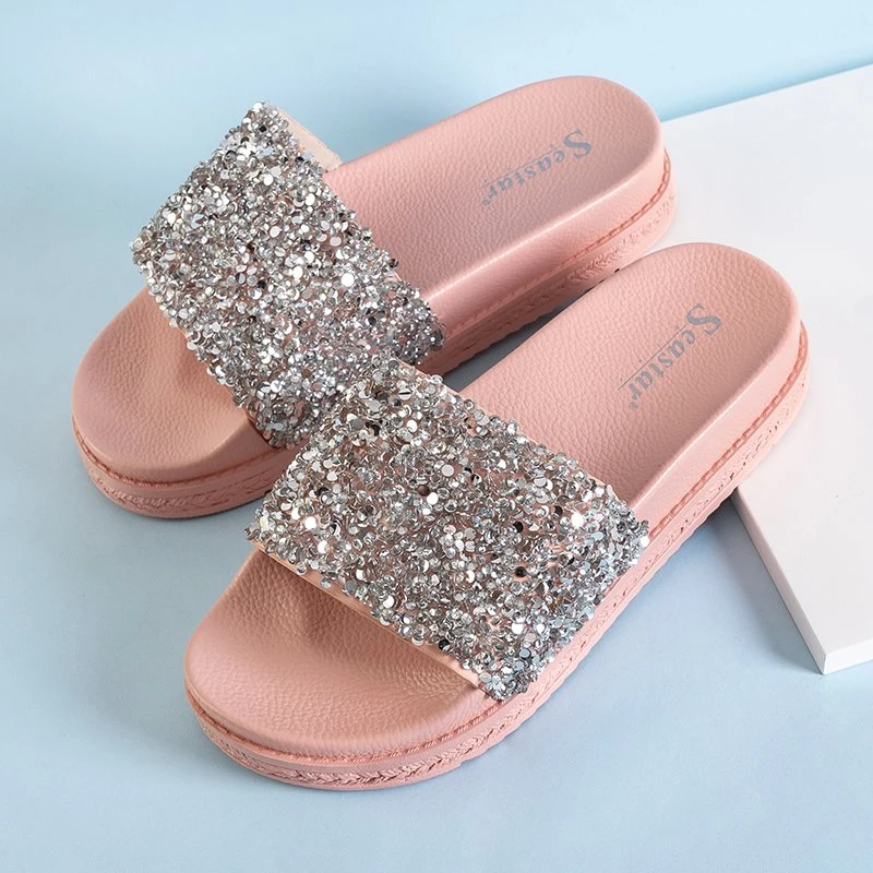 OUTLET Pink women's slippers with cubic zirconia Aisidora - Footwear