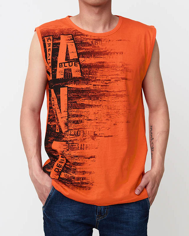 Orange men's sleeveless printed t-shirt - Clothing