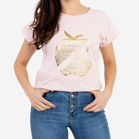 Pink women's t-shirt with gold print PLUS SIZE - Clothing