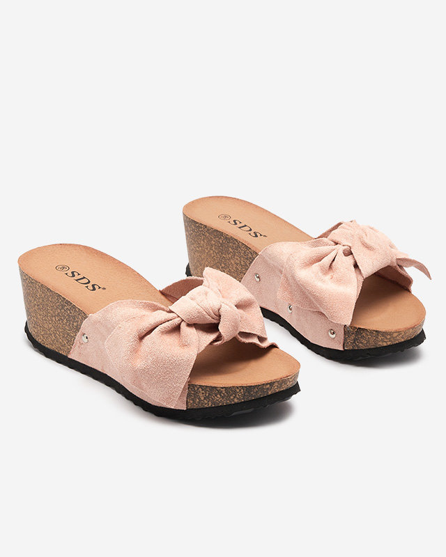 Pink women's wedge slippers with a bow Bavillo- Footwear