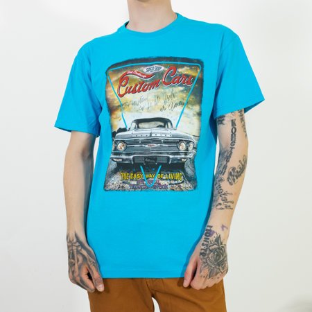 Sky blue cotton men's t-shirt with car print - Clothing