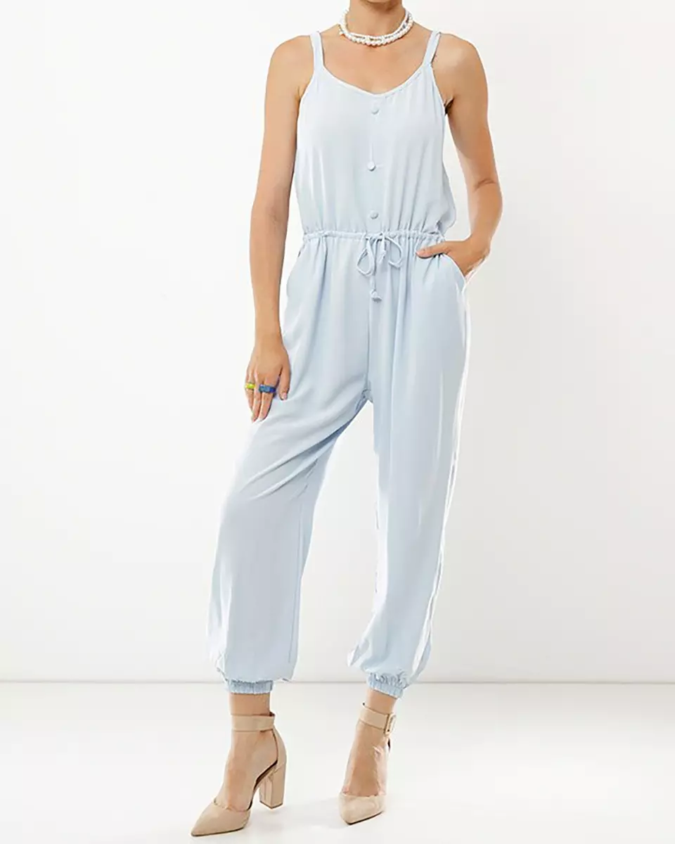 Women's Blue Cotton Jumpsuit with Buttons - Clothing