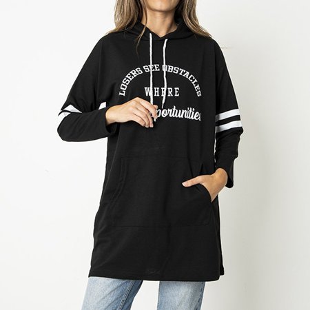 Women's black long hoodie with inscriptions - Clothing