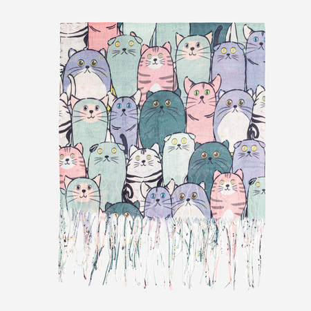 Women's green scarf with colorful cats - Accessories