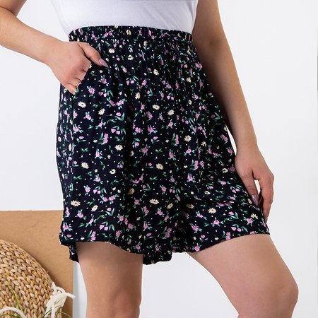 Women's navy blue shorts with pink flowers - Clothing