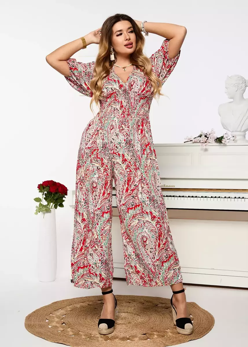 Women's patterned jumpsuit in red - Clothing