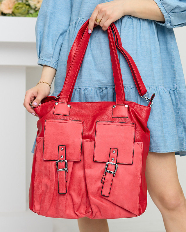 Women's red shopper bag with decorative pockets - Accessories