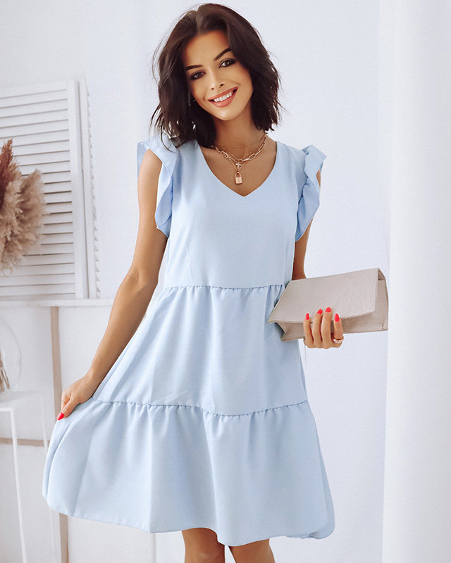 Women's short dress with frills in pastel blue - Clothing