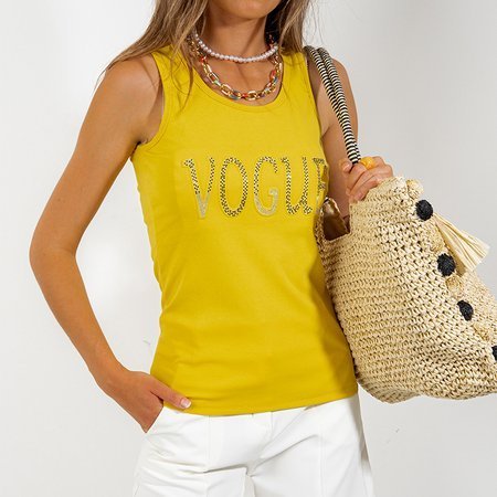 Yellow women's tank top with an inscription decorated with cubic zirconia - Clothing