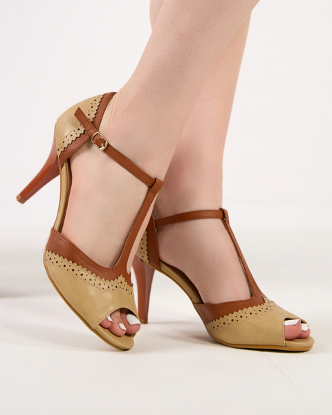 Beige and camel women's pumps on a stiletto heel with cutouts Shally - Footwear