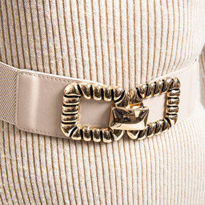 Beige elastic women's belt with a golden buckle - Accessories