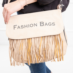 Beige shoulder bag with inscription and tassels - Accessories