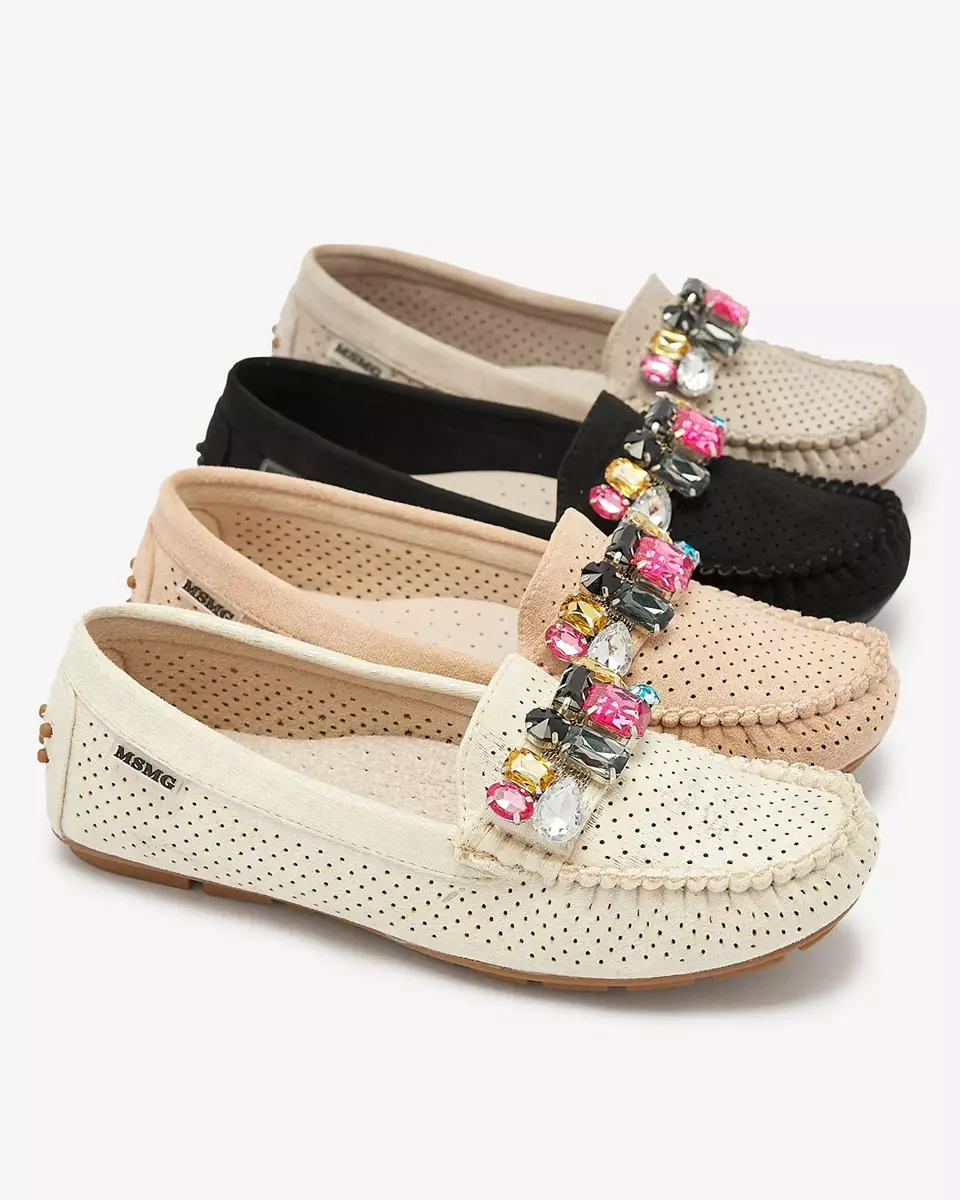 Beige women's openwork moccasins with colorful decoration Aqitic - Footwear