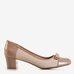 Beige women's openwork pumps on a low post Imaga - Shoes