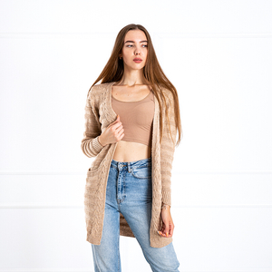 Beige women's tied cardigan with pockets - Clothing
