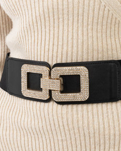 Black elastic belt with a golden buckle with zircons - Accessories