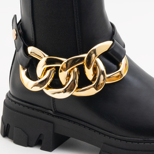 Black women's boots with a gold chain on a flat heel Emiko - Footwear