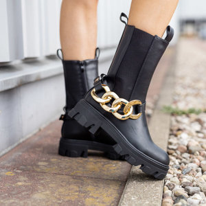 Black women's boots with a gold chain on a flat heel Emiko - Footwear