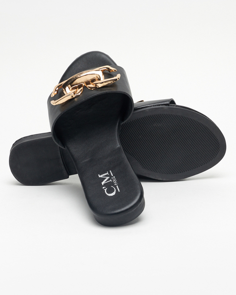 Black women's eco-leather slippers with a golden ornament Simore - Footwear