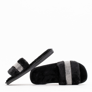 Black women's fur slippers with cubic zirconia Tiko - Footwear