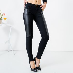 Black women's pants with eco-leather inserts - Clothing