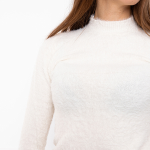 Cream fur women's sweater with a stand-up collar - Clothing