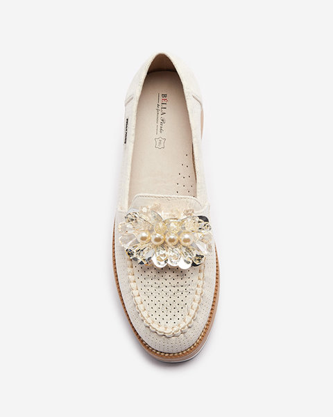 Cream women's moccasins with decorative crystals Liscutio- Footwear