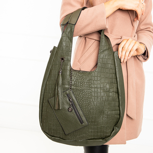 Dark green women's shopper bag with embossing - Accessories
