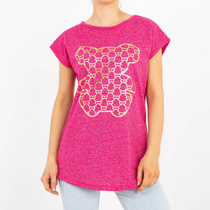 Dark pink women's t-shirt with a golden print - Clothing