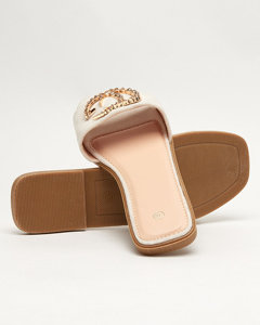 Eco suede beige slippers with a golden Hana ornament - Footwear