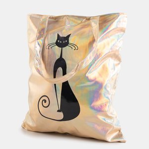 Gold holographic shoulder bag with a cat's print - Handbags