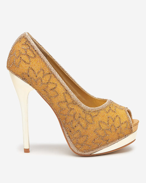 Gold women's brocade pumps with cubic zirconia Vida - Footwear