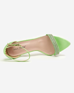 Green women's sandals on a high heel with decorative cubic zirconias Manestri - Footwear